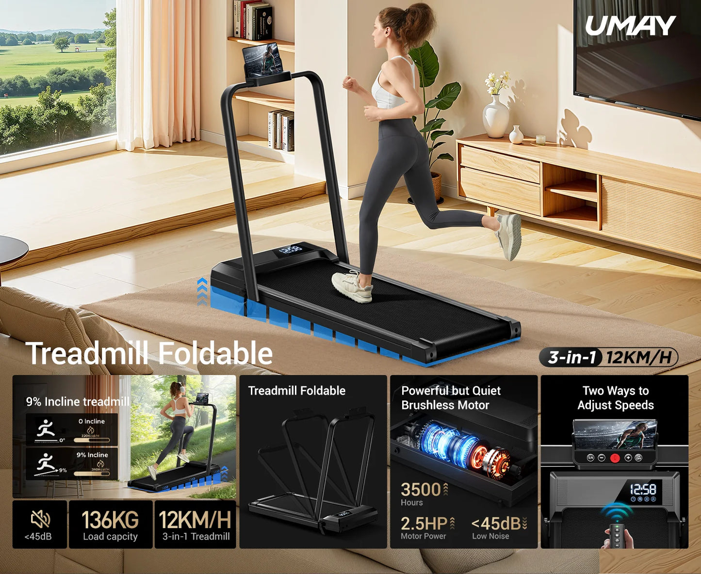 Athlecato 2 in 1 Folding Treadmill Black with Handrail